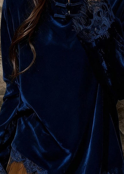 Peacock Blue Mandarin Collar Patchwork Lace Silk Velour Top Spring