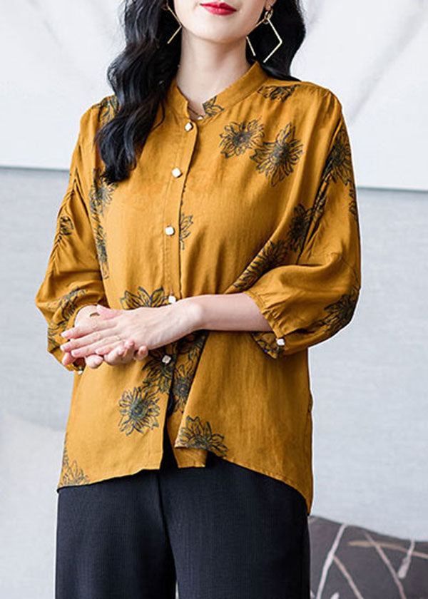Yellow Stand Collar Wrinkled Patchwork Print Silk Shirt Top Bracelet Sleeve