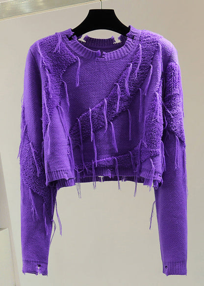 Purple O-neck Ripped Tassel Cotton Knit Sweater Winter