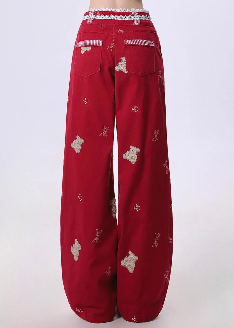 Art White Bear Embroidered Patchwork Lace Denim Straight Pants Spring
