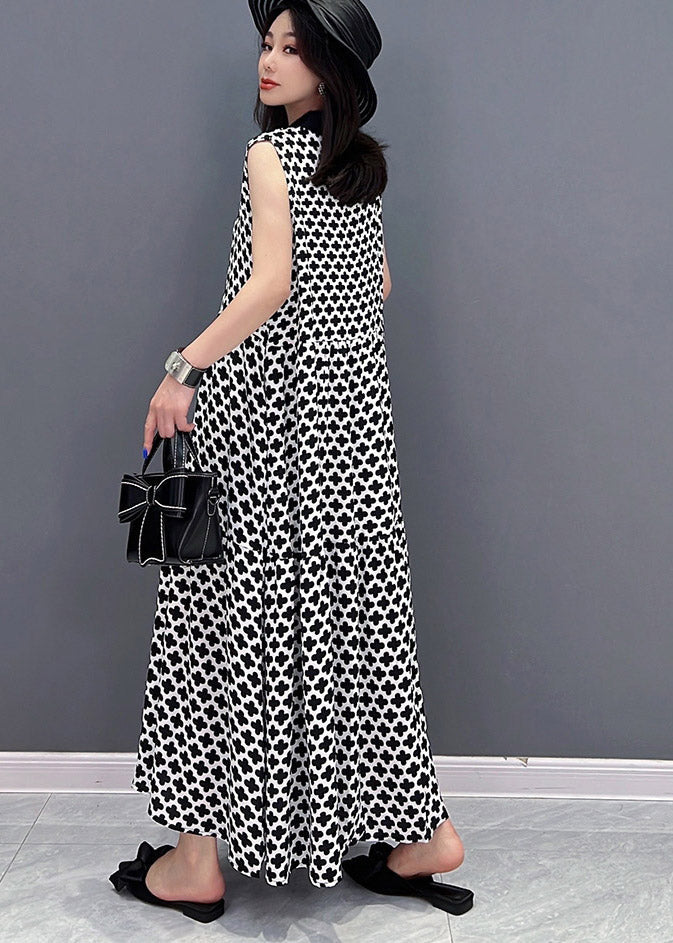 Black Peter Pan Collar Print Button Pockets Dress Sleeveless