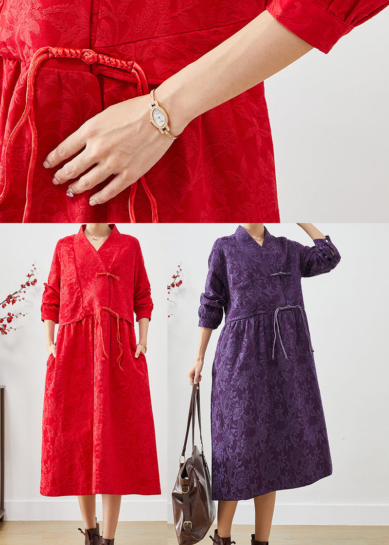 Red Chinese Button Jacquard Dresses Fall