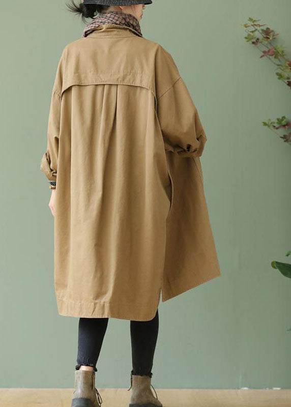 Style Khaki Peterpan Collar Pockets Button Low High Design Fall Long Sleeve Trench Coat