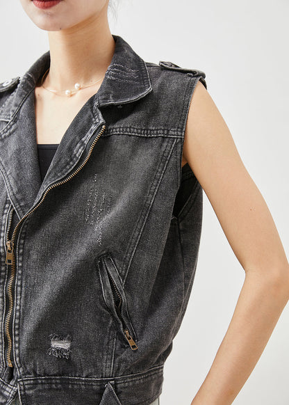 Stylish Black Zip Up Denim Ripped Vest Top Fall
