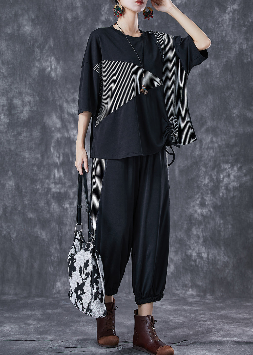 Black Cinched Patchwork Striped Cotton Two Piece Set Summer