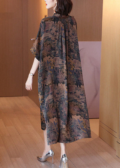 Stand Collar Print Button Side Open Low High Design Silk Maxi Dresses Half Sleeve