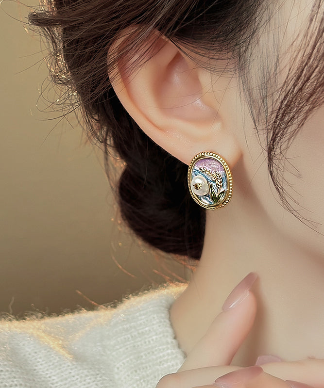 Gold Copper Alloy Pearl Enamel Stud Earrings