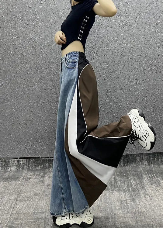 Boutique Blue Pockets Striped Patchwork Denim a Line Skirts Fall