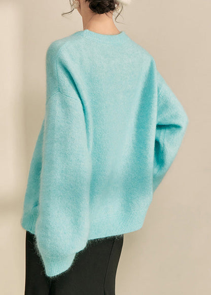 Blue Print Patchwork Thick Cotton Knit Sweater Long Sleeve Winter