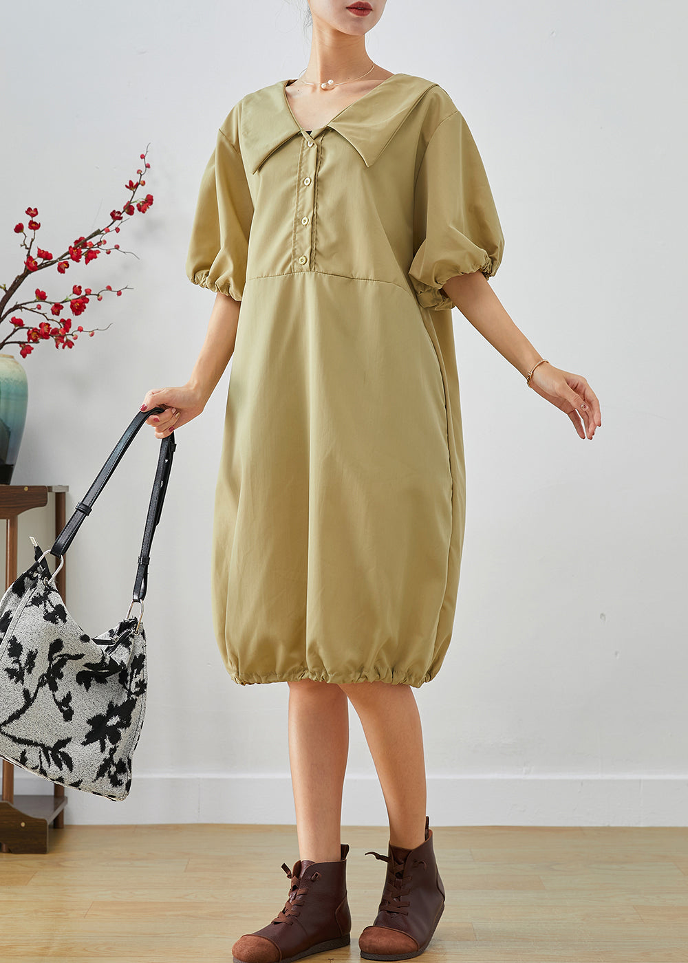 Khaki V Neck Oversized Cotton Mid Dress Lantern Sleeve