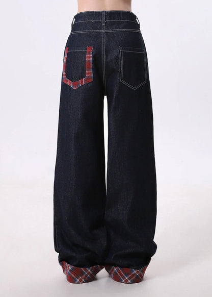 New Navy Pockets Patchwork Denim Wide Leg Pants Spring