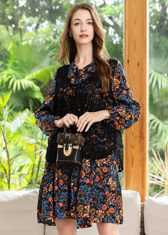 Style Black V Neck Print Chiffon Shirt Dress and Vest Two Piece Set Spring