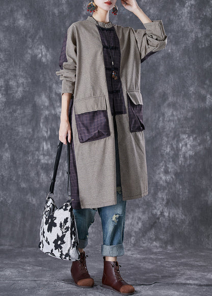 Plaid Patchwork Pockets Cotton Long Blouses Fall