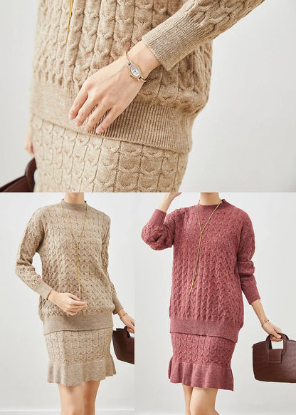 Brick Red Ruffles Knit Two Pieces Set Fall