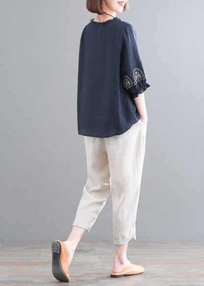 Navy Ruffled Embroideried Linen Tops and Crop Pants Two Piece Set Clothing Half Sleeve