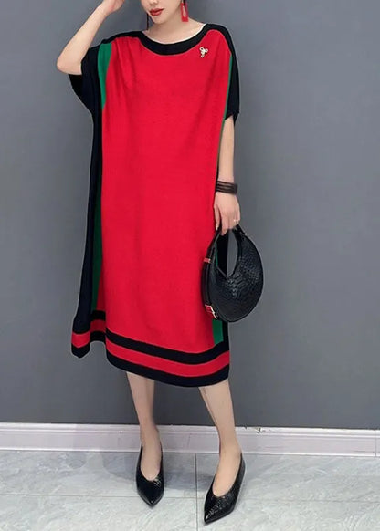Loose Red O-neck Knit Sweater Dresses Short Sleeve