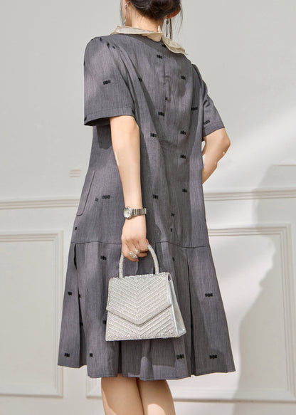 Unique Grey O-neck Embroidered Pockets Maxi Dress Short Sleeve
