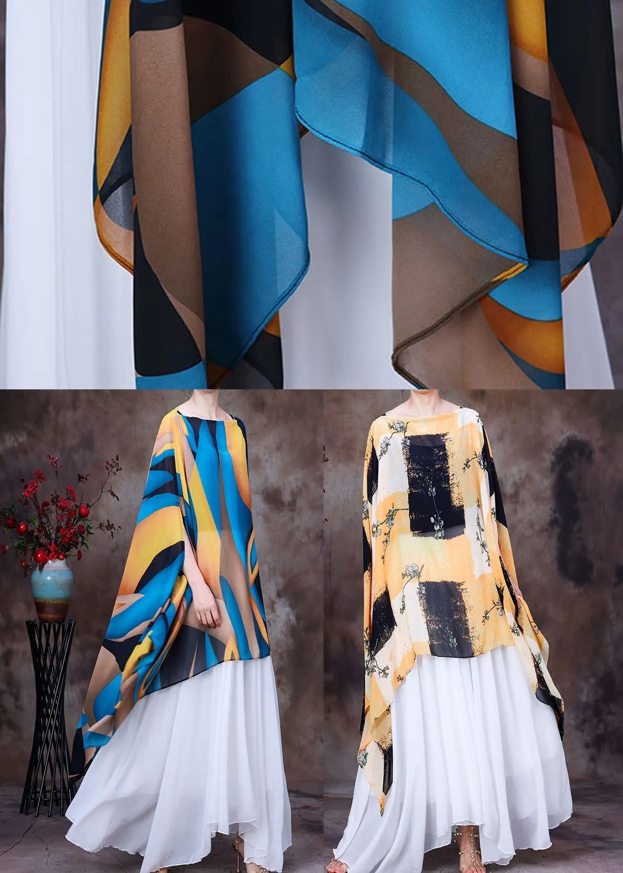Yellow Blue Asymmetrical Design Print Chiffon Top Batwing Sleeve