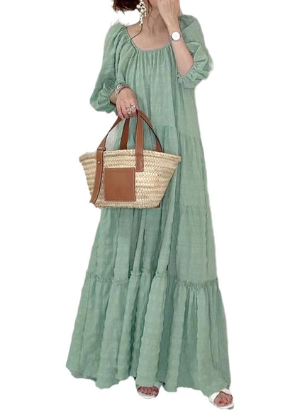 Light Green O-neck Patchwork Wrinkled Maxi Dresses Puff Sleeve