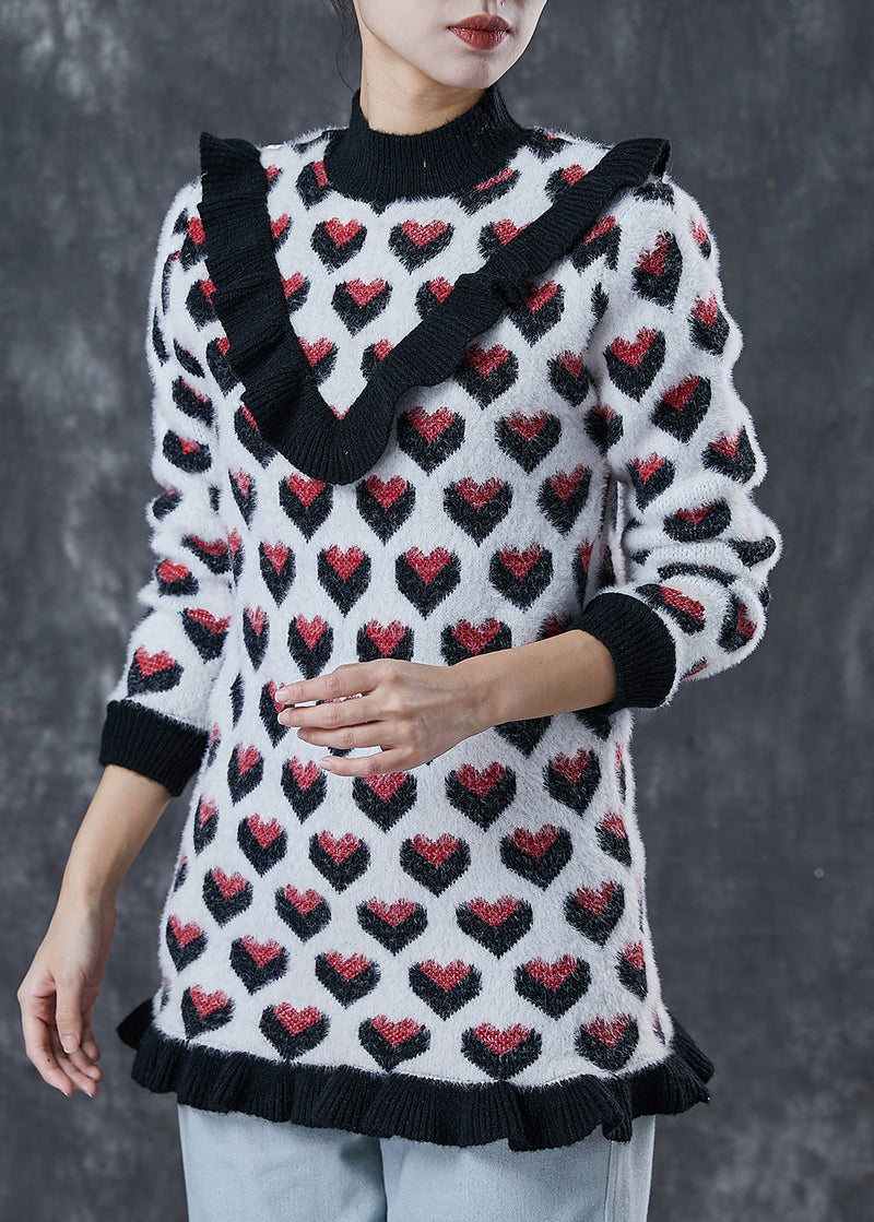 Classy Black Love Print Ruffled Patchwork Knit Sweater Winter