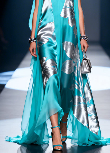 Blue V Neck Print Patchwork Chiffon Dresses Summer