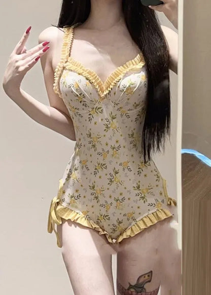Yellow Print Smock and Bodysuit Lingerie Set