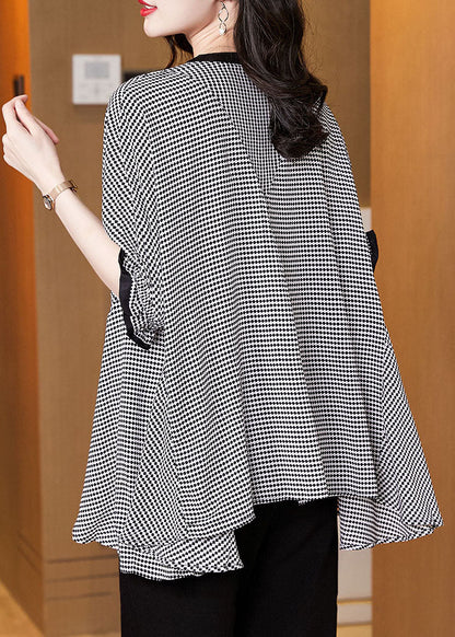 Black O-neck Plaid Patchwork Chiffon Tank Tops Short Sleeve