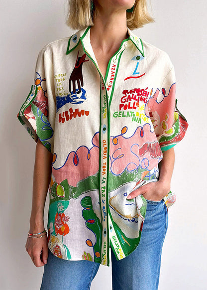 Peter Pan Collar Graphic Print Linen Shirts Top Summer