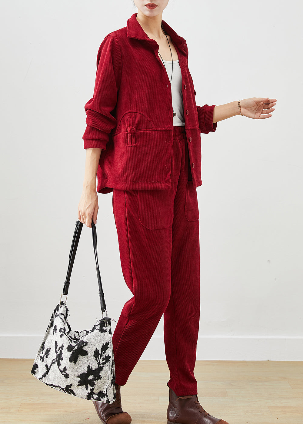 Mulberry Chinese Button Patchwork Warm Fleece Two Pieces Set Winter
