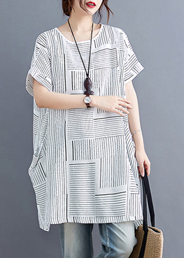 White O-neck Striped Linen Tank Tops Short Sleeve