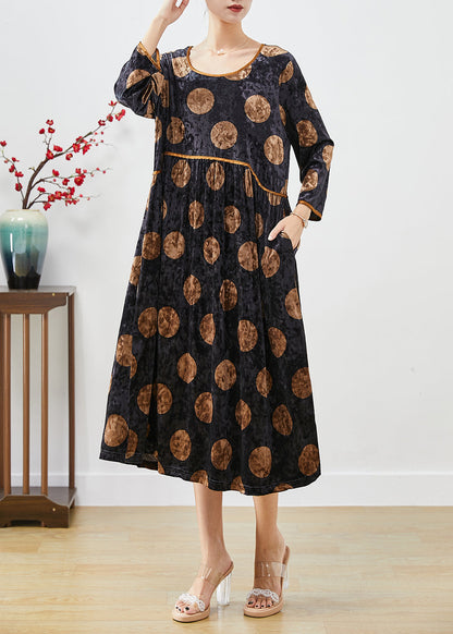 Black Oversized Print Silk Velour Long Dress Fall