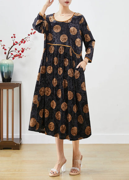 Black Oversized Print Silk Velour Long Dress Fall