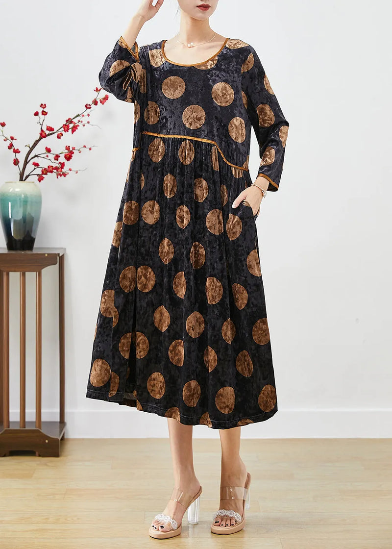 Black Oversized Print Silk Velour Long Dress Fall