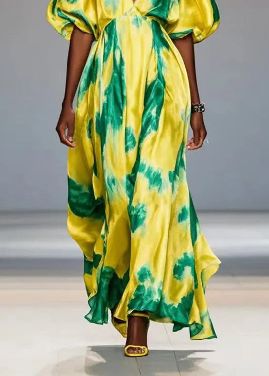 Yellow Cold Shoulder Print Silk Maxi Dresses Lantern Sleeve Summer