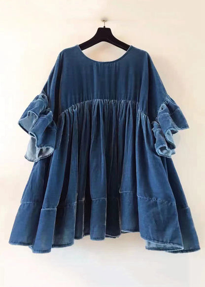 Blue Wrinkled Patchwork Velour Short Dress Butterfly Sleeve