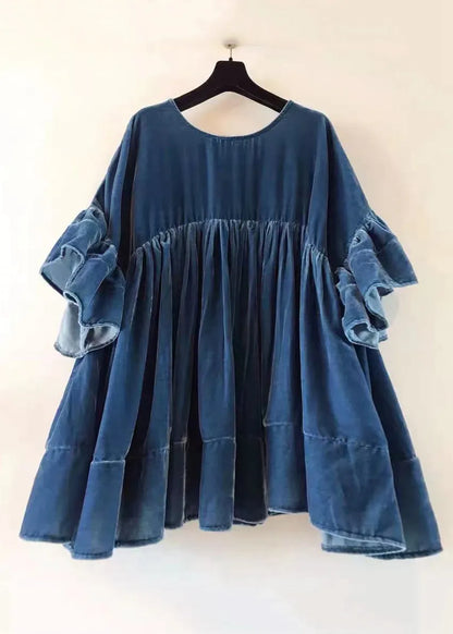 Blue Wrinkled Patchwork Velour Short Dress Butterfly Sleeve