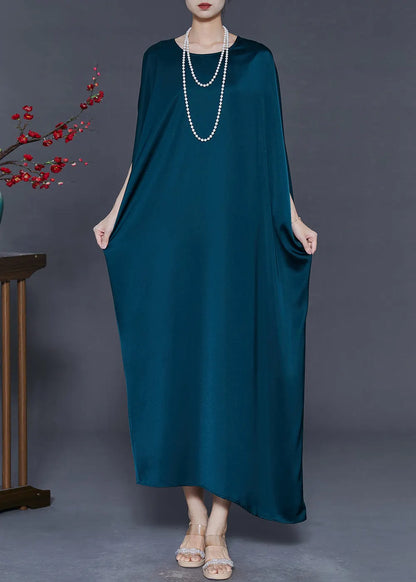 Peacock Blue Oversized Silk Party Dress Batwing Sleeve