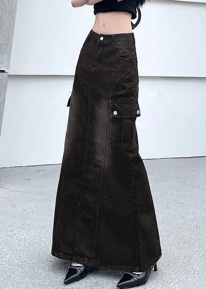 Dark Gray Pockets Side Open Denim Skirt Summer