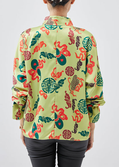 Chinese Style Green Print Silk Shirt Top Spring