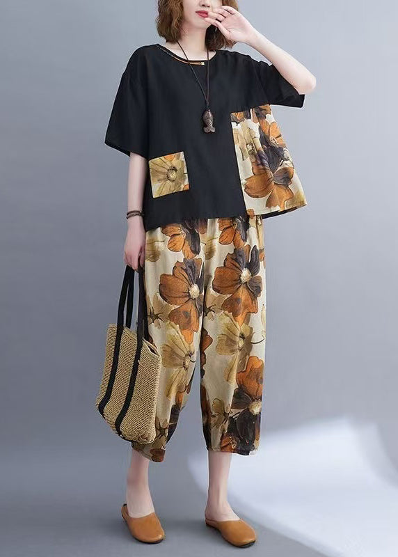 Black Oversized Patchwork Cotton Two-piece Set Summer