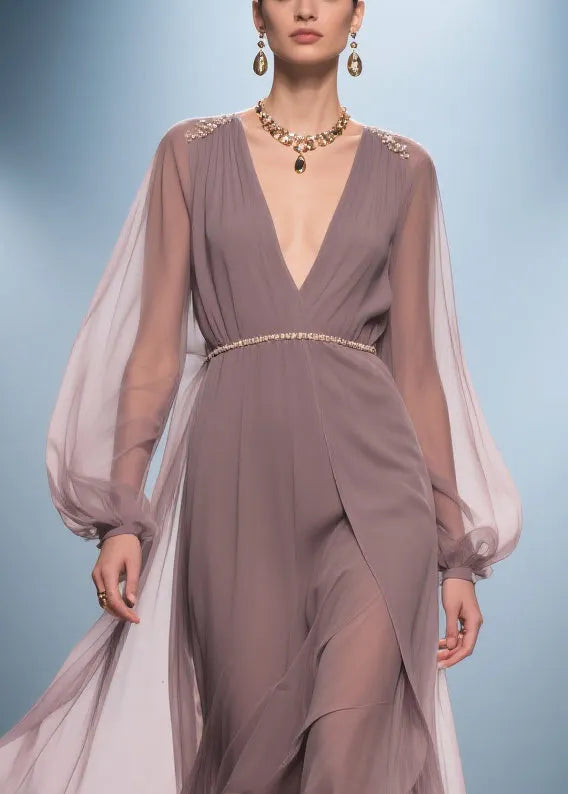 Stylish Soft Misty Purple Gray V Neck Wrinkled High Waist Chiffon Long Dresses