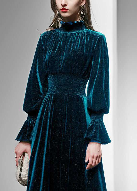 Peacock Blue Hign Neck Velour Maxi Dresses Lantern Sleeve
