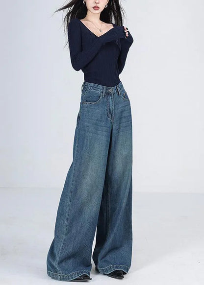 Blue Pockets High Waist Denim Wide Leg Pants Spring