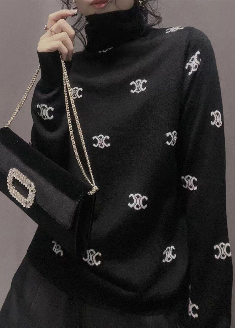Jacquard Black Turtle Neck Knitting Cotton Top Long Sleeve