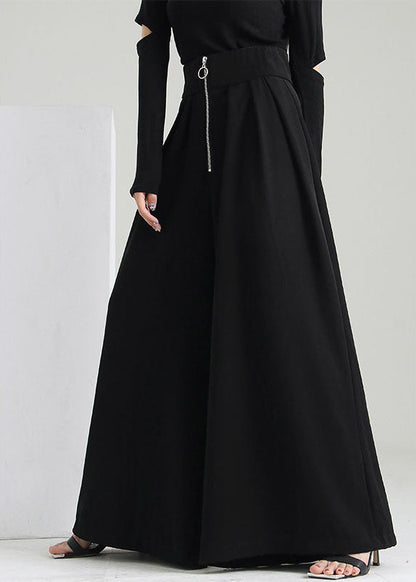 Black Zip Up Pockets Cotton Wide Leg Pants Spring