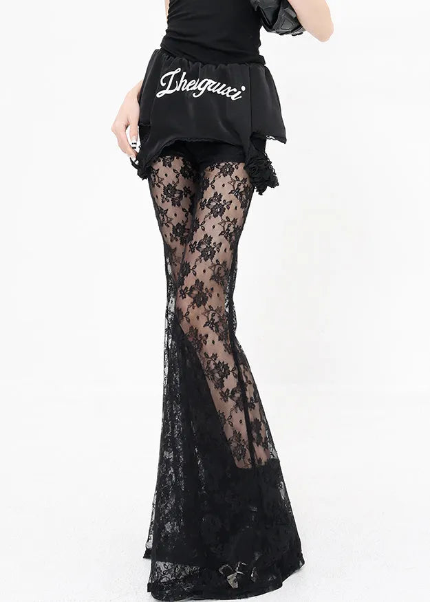 Black False Two Pieces Patchwork Lace Flared Trousers Summer