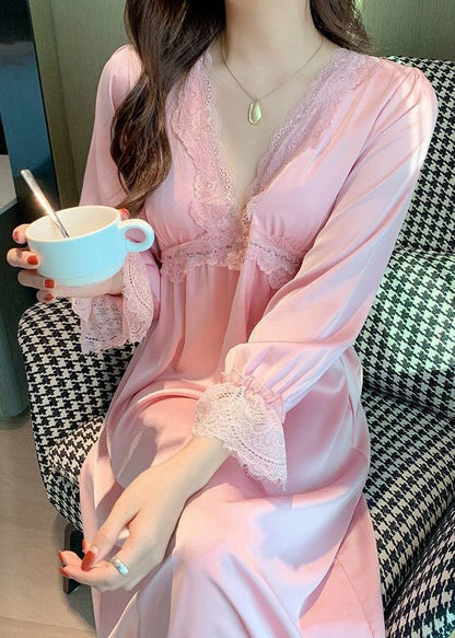 White V Neck Lace Patchwork Ice Silk Long Dress Long Sleeve
