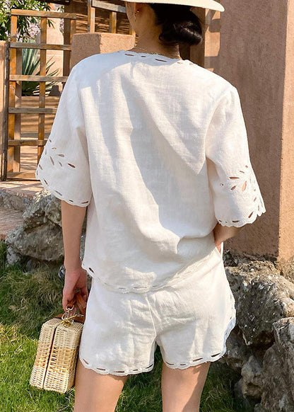 French White V Neck Hollow Out Tops and Shorts Linen Two Pieces Set Half Sleeve