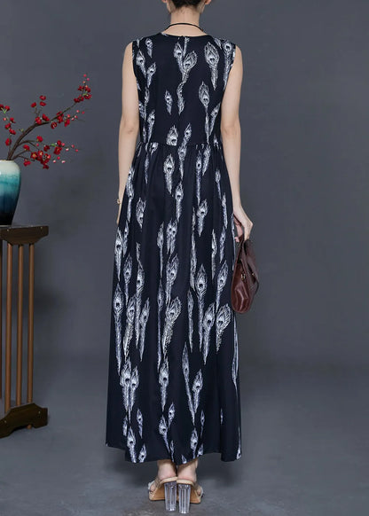 Black Feather Print Chiffon Holiday Dress Summer