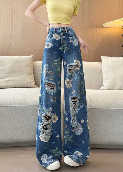 Blue Pockets Print Denim Ripped Pants Fall
